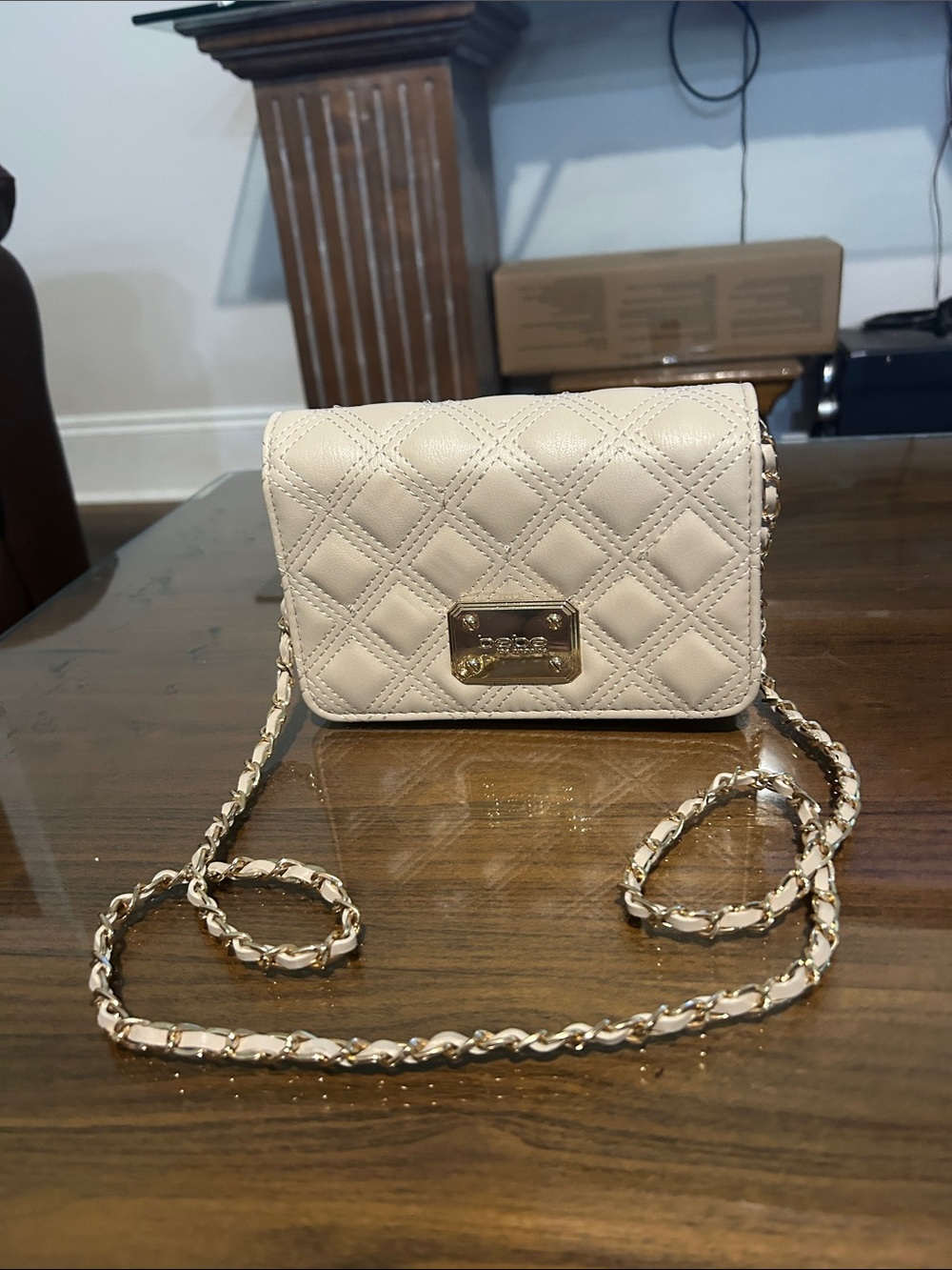bebe Quilted Cream Crossbody with Gold Chain Strap